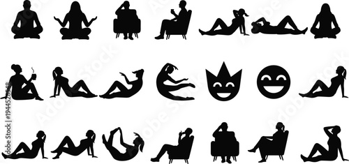Set of twenty-four black silhouette illustrations of people in various relaxed, seated, and reclining poses, isolated on white background, vector