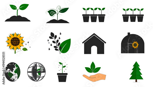 Assorted gardening and farming icons depicting various plants and agricultural tools isolated on transparent background