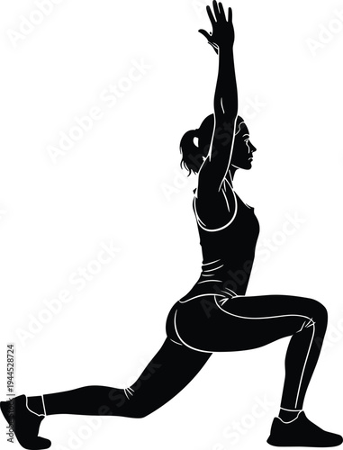 Black silhouette of a sporty young woman performing lunges exercise with raised arms on white background for fitness training, yoga, wellness, and healthy lifestyle.