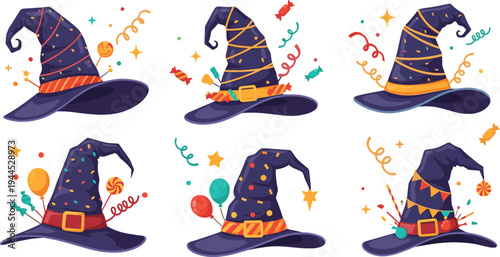 Colorful Halloween witch hats vector set with confetti, candy, balloons and festive party decorations for spooky celebration