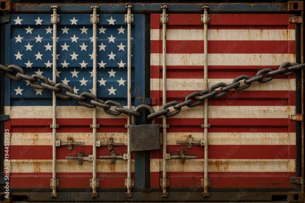 Naklejka premium Rusty shipping container doors painted with a distressed American flag, secured with a heavy chain and padlock.