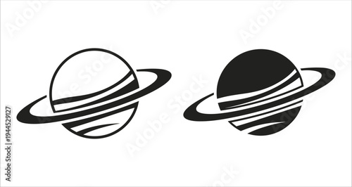 Saturn planet icons with rings in black and white