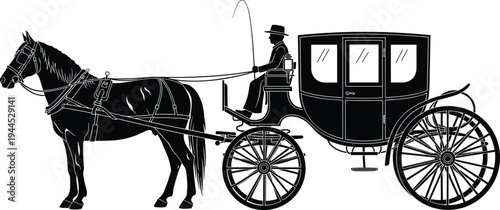 Black silhouette of a vintage horse-drawn carriage with a professional coachman driver isolated on white background, traditional historical transportation 