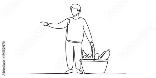 Continuous line drawing of a man holding a shopping basket full of groceries and pointing ahead. Vector, illustration