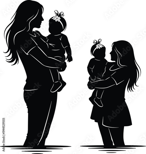 Silhouette two women holding babies with bows, maternal care family bonding concept, black white vector illustration representing motherhood generational design