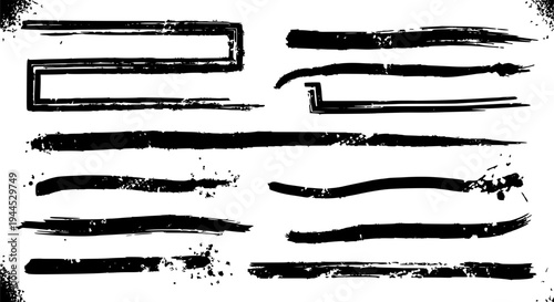 Lines hand drawn with black grunge brush strokes and textured effects on white featuring illustration, graphic design,