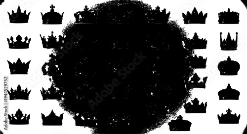 Crowns set with black silhouettes and grunge texture effects featuring royalty, kingship, nobility with heraldry and