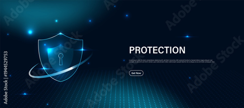 AI cyber security protection concept. Digital shield icon with lock symbol on blue technology background. Artificial intelligence powered cybersecurity system for network protection, data privacy