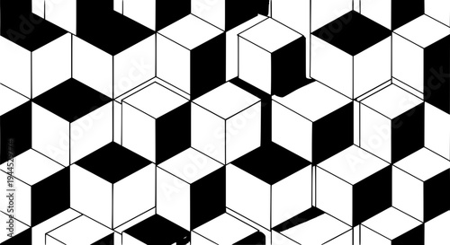 Cubes 3D black and white geometric pattern with optical illusion featuring 3D, shapes, blocks with monochromatic and