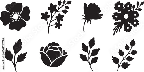 Black silhouettes of various flowers and leaves on white background 3