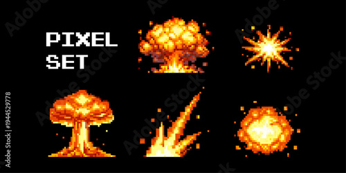 Pixel art explosion effects set for retro video game interface with fire blast and energy bursts