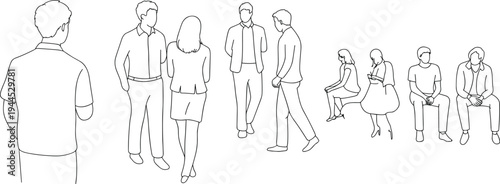 Public social silhouettes people sitting walking office icons set, flat vector