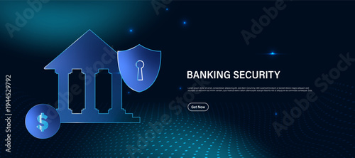 AI bank security concept. Secure banking shield icon with lock symbol on blue technology background. Artificial intelligence protection system for financial data safety, fraud prevention and secure 