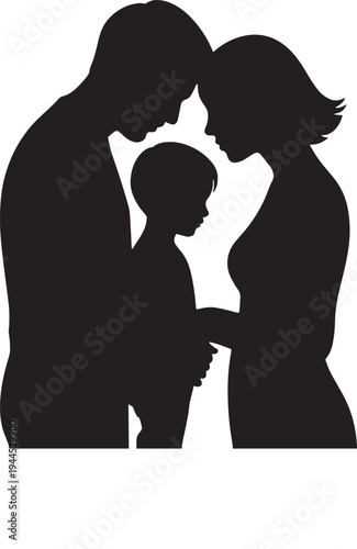 Silhouette of family with young child, parents looking down at kid, depicting bond, protection, and parental love, black and white vector graphic on transparent background