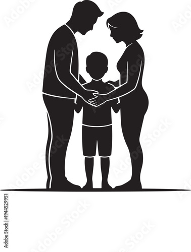Silhouette of parents embracing child between them, creating a protective circle of love and security, symbolizing strong family bond and parental care, beautiful intimate moment
