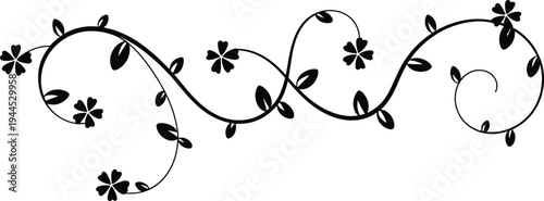 Black, floral, flourish, divider, with, vine, leaves, and, flowers, curly, design, element, decorative, botanical, border, for, wedding, invitations, and, graphic.