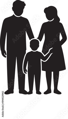 Silhouette of parents standing with their child, one parent placing a hand on childs shoulder, representing family unity, safety, and belonging, strong familial connection