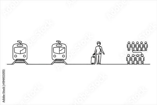Continuous line art illustration of public transportation commute including trains a traveler with luggage and a group of passengers