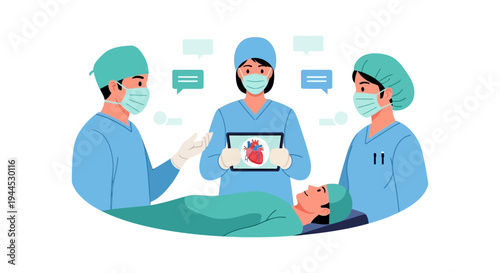 Surgical Team Discussing Heart Procedure with Patient via Digital Tablet. Cardiology Consultation, Healthcare Technology, Medical Teamwork Illustration.