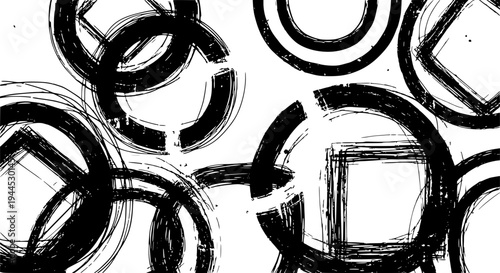 Shapes hand drawn with black grunge brush strokes, abstract geometric shapes. featuring circles, squares, lines with