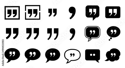 Quotation marks set with various black outlined and solid designs for dialogue bubbles featuring outline icons,