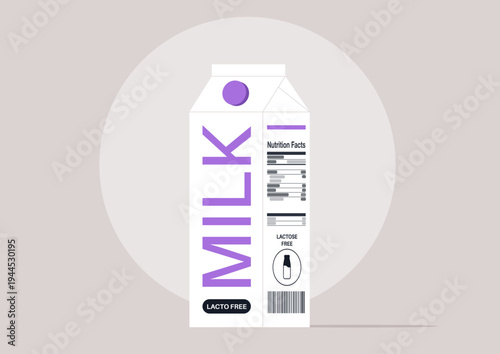 Lacto free milk carton stands upright with bold lettering and a playful design, emphasizing its lactose-free nature in a calm, soothing environment.