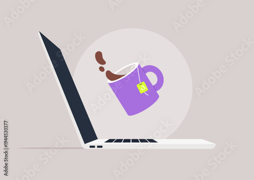 A colorful cup tips over, spilling tea onto a sleek laptop, adding an unexpected twist to a regular workday, This spill brings a mix of surprise and laughter in a cozy home office.