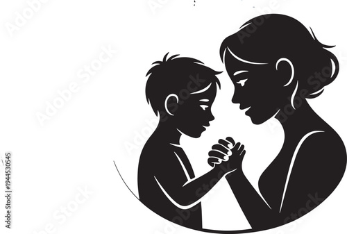 Silhouette of loving mother holding her young son's hands, conveying warmth and affection, tender moment of connection between parent and child, symbolizing family bond and care