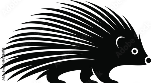 Porcupine silhouette vector illustration, spiky hedgehog like animal icon, wild rodent clipart design, black porcupine mascot isolated