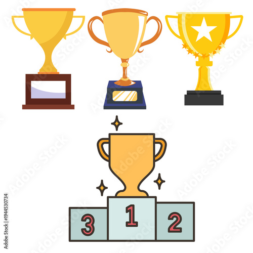 Golden trophy cups collection and winners podium with first place.