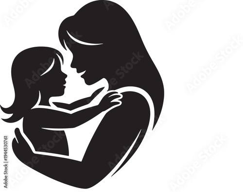 Mother hugging child in close embrace black silhouette vector art illustration on a transparent background for various design projects and advertising campaigns