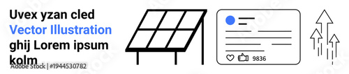 Renewable energy, social engagement, analytics, environmental sustainability, digital growth, technology trends. Solar panel, social media metric card and upward arrows. Renewable energy and social