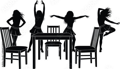 Dynamic female dancers silhouette around chairs and table, expressive movement contrast, black white illustration, performance art concept, creativity