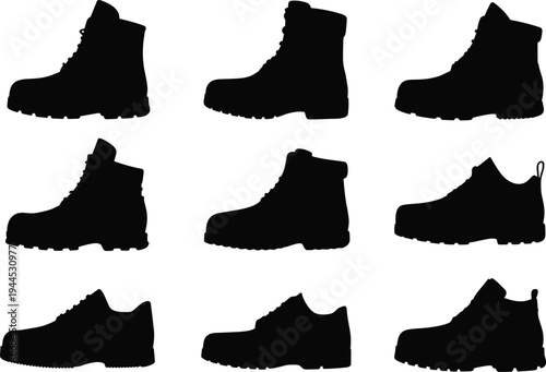 Flat vector silhouettes of diverse boot styles including work and casual footwear