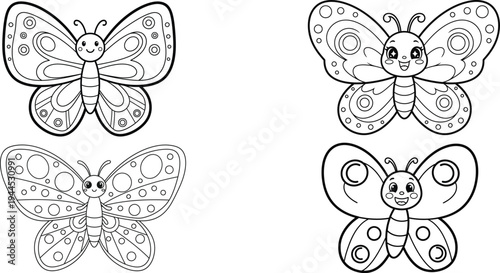 Coloring page featuring four distinctive butterflies