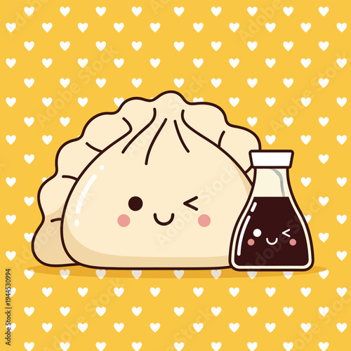 Cute dumpling and soy sauce with heart pattern