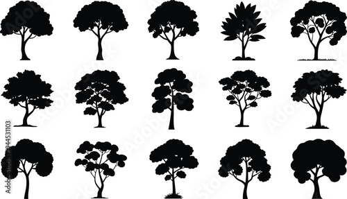 Flat vector silhouettes of luggage, suitcases, handbags, tote bags, and duffel