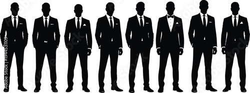 Eight male silhouettes in formal suits, standing side by side, black white illustration, fashion design, professional attire concept
