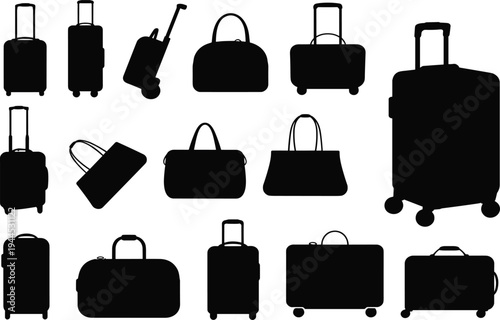 Flat vector silhouettes of luggage, suitcases, duffel bags, and travel baggage