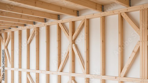 Interior wooden wall framing with diagonal bracing, construction framing detail, natural wood texture