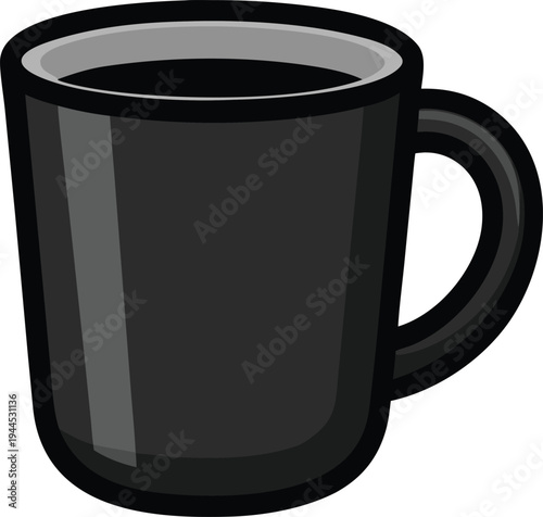 A black coffee mug filled with dark liquid on a white background