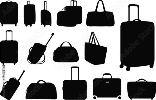Flat vector silhouettes of luggage, suitcases, duffel bags, and travel accessories
