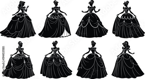 Eight female silhouettes in ball gowns, elegant fashion illustration, black white artwork, princess style, fairy tale costume concept
