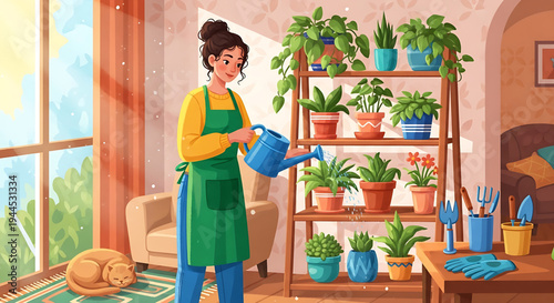 A woman watering her vibrant houseplant collection displayed on a wooden shelf in a bright, cozy home, enjoying the peaceful, rewarding hobby of indoor gardening