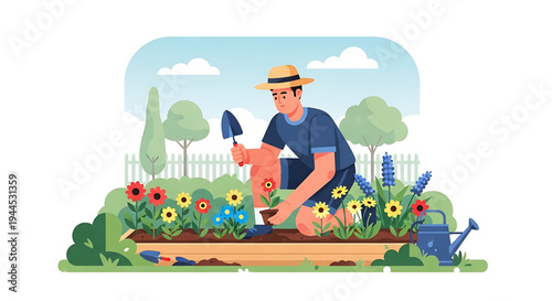 Cultivating the concept of growth and renewal, an illustration of a dedicated man joyfully gardening, planting colorful flowers and nurturing a vibrant outdoor space with care