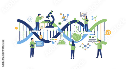 Scientists Collaborating on Genetic Research and Biotechnology. DNA Helix, Lab Equipment, and Data Analysis for Scientific Innovation.
