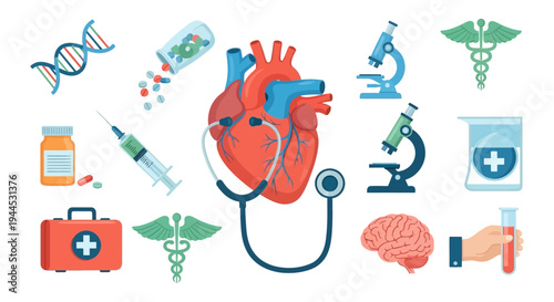 Medical & Healthcare Science Icons: Heart, DNA, Syringe, Microscope, Pills for Diagnosis, Treatment & Research.