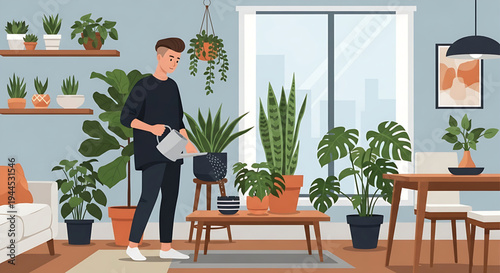 Young adult mindfully caring for a collection of vibrant houseplants, creating a peaceful and refreshing indoor garden environment at home