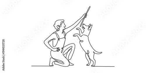 A person kneeling while playing with their dog, holding a stick up in a continuous line drawing style Vector, illustration