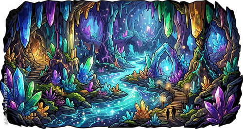 Glowing Crystal Cave River Fantasy Illustration